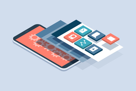 App development and web design: layered user interfaces and screens on a touch screen smartphoneのイラスト素材