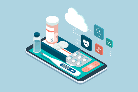 Medicine, healthcare and therapy app: prescription drugs, first aid and medical diagnosis equipment on a smartphone with iconsのイラスト素材