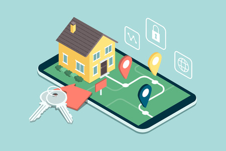 Find your dream home: model house on a map, house keys and icons, real estate mobile appのイラスト素材