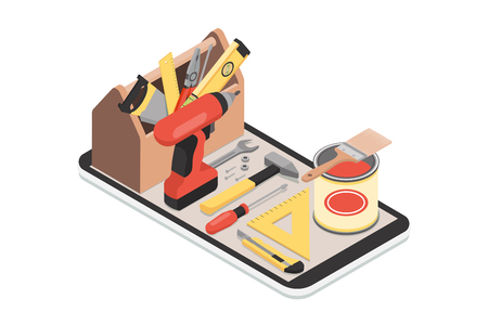 Do it yourself and home renovation app: toolbox and tools on a smartphone with iconsのイラスト素材