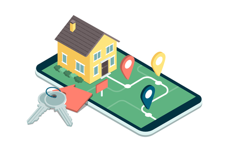 Find your dream home: model house on a map, house keys and icons, real estate mobile appのイラスト素材