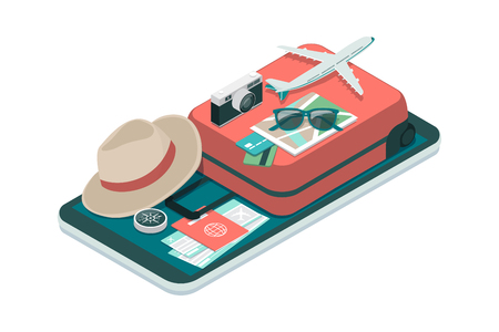 Travel, tourism and booking app: travel equipment and luggage on a mobile touch screen smartphoneのイラスト素材