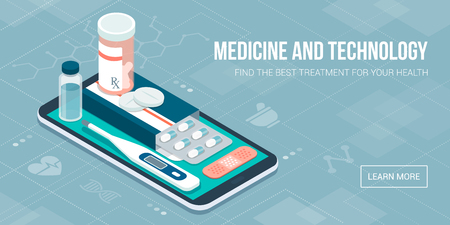 Medicine, healthcare and therapy app: prescription drugs, first aid and medical diagnosis equipment on a smartphone with iconsのイラスト素材