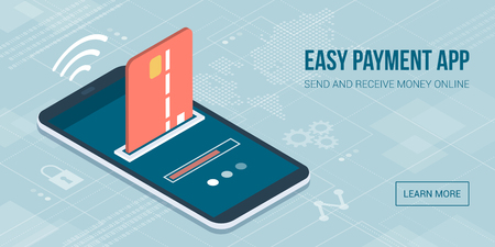 Safe and easy e-payments on smartphone using financial apps: the payment is being processed using a credit cardのイラスト素材