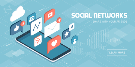 Social media apps on a smartphone: online sharing, messaging and marketing on social networks conceptのイラスト素材