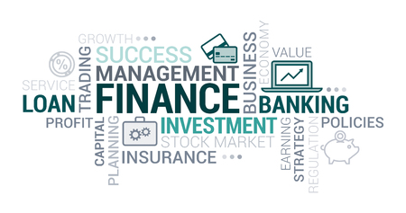 Business, investments and finance tag cloud with icons and conceptsのイラスト素材