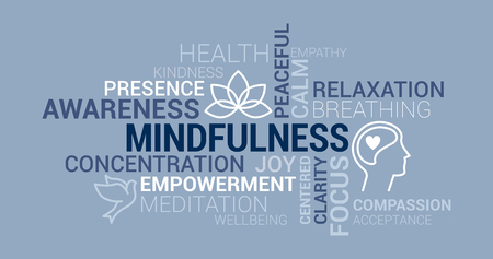 Mindfulness, meditation and awareness tag cloud with icons and conceptsのイラスト素材