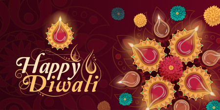 Happy Diwali traditional celebration with diyas lamps and flowersのイラスト素材