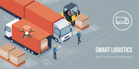 Workers loading products on the trucks and tracking delivery with a tablet: smart logistics and transportation conceptのイラスト素材