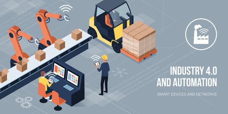 Engineers working in a factory and monitoring robots using HMI interfaces: industry 4.0 and automation conceptのイラスト素材