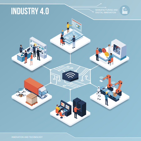 Digital core: industry 4.0, production and automation isometric infographic with peopleのイラスト素材
