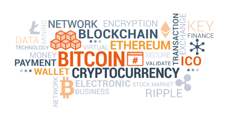 Cryptocurrencies, blockchain and bitcoin tag cloud with concepts and iconsのイラスト素材
