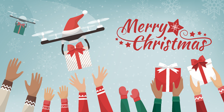 Drones with Santa's hat delivering Christmas gifts to cheerful people with raised hands, they are catching the presentsのイラスト素材
