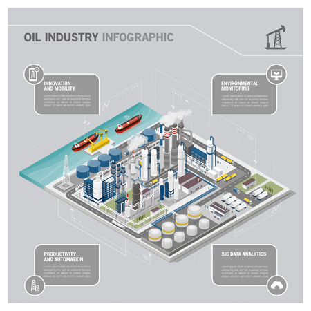 Oil and gas industry and production process infographic: isometric refinery, pipeline and people workingのイラスト素材