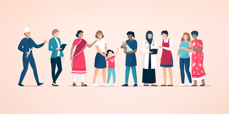 Diverse women standing together and supporting each other, feminism and women's day conceptのイラスト素材