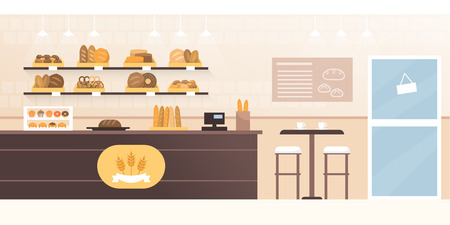 Bakery shop and cafeteria with fresh bread on display, shop interiorのイラスト素材