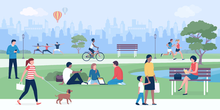 Happy people enjoying at the park, practicing sports, relaxing and connectingのイラスト素材