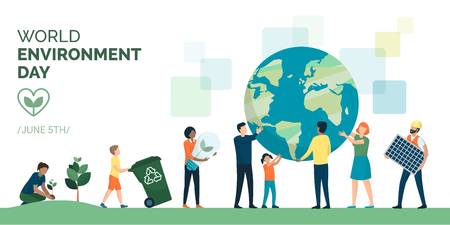 Multiethnic group of people cooperating for a sustainable eco-friendly lifestyle on world environment dayのイラスト素材