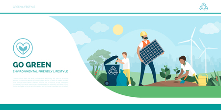 Multiethnic active family helping the environment: the child is recycling waste, the man is installing a solar panel and the woman is growing new plants, eco-friendly lifestyle and sustainability conceptのイラスト素材
