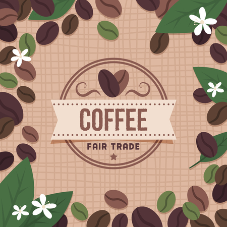 Fair trade coffee brand with coffee beans and flowersのイラスト素材