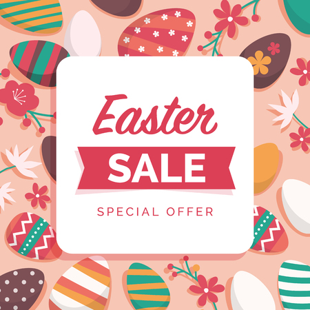 Happy Easter promotional sale card and social media post with decorated eggs and colorful  flowers frameのイラスト素材