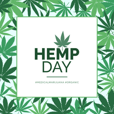 Hemp day and medical marijuana advertisement with green leaves frameのイラスト素材