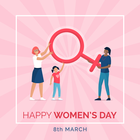 Happy women's day holiday design and social media post with women carrying a female symbolのイラスト素材