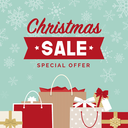 Christmas sale promotional advertisement and social media post with gifts and shopping bagsのイラスト素材