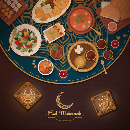 Eid elebration with traditional food recipes, Islamic culture and religion conceptのイラスト素材