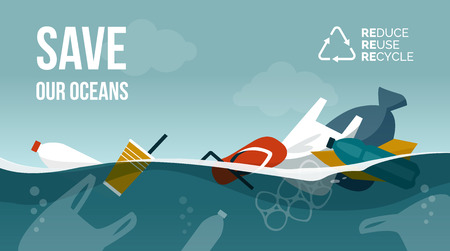 Polluted ocean and plastic waste floating on the surface, motivational environmental protection advertisementのイラスト素材