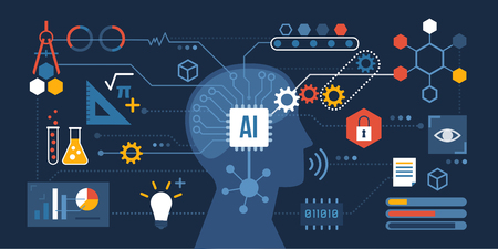 Artificial intelligence connected to a network of icons: problem solving, decision making and productivity conceptのイラスト素材