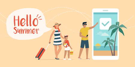 Happy family booking a summer vacation onlineのイラスト素材