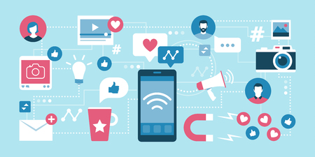 Social network management and communication: smartphone and network of social media icons and conceptのイラスト素材
