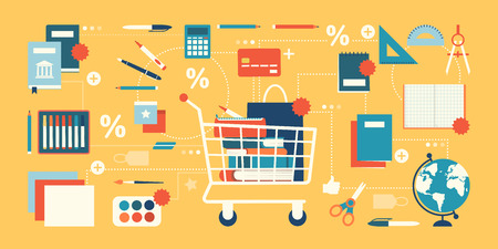 Back to school shopping discounts: full shopping cart, educational supplies and stationery itemsのイラスト素材