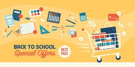 Back to school shopping discounts: full shopping cart, educational supplies and stationery itemsのイラスト素材