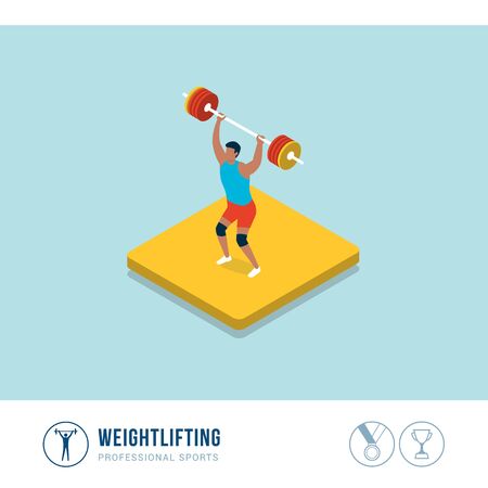 Professional sports competition: weightlifting, muscular athlete lifting weightsのイラスト素材