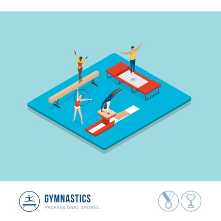 Professional sports competition: gymnastics, athletes performing with balance beam, vault and trampolineのイラスト素材