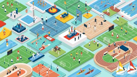 Sports and international competitions: multiethnic professional athletes and teams performing together, isometric people, fields and equipmentのイラスト素材