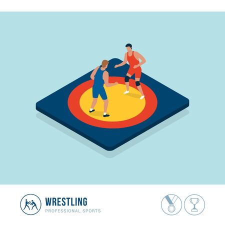 Professional sports competition: wrestling, athletes fighting together in the ringのイラスト素材
