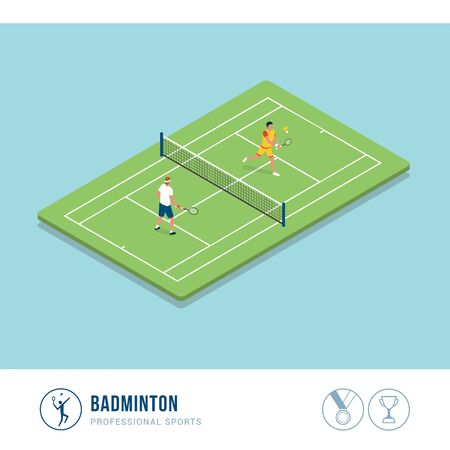 Professional sports competition: badminton, two players hitting the shuttlecock with their racquetsのイラスト素材