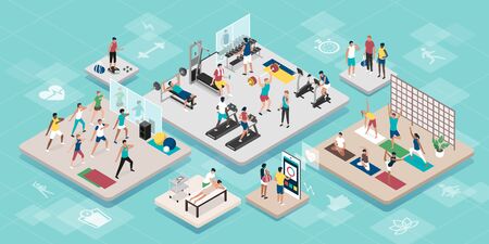 Young happy people practicing sports together at the gym and different workoutsのイラスト素材