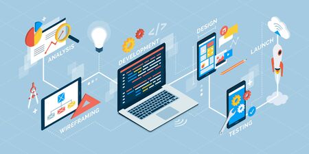 App design and development process isometric infographic with icons and textのイラスト素材
