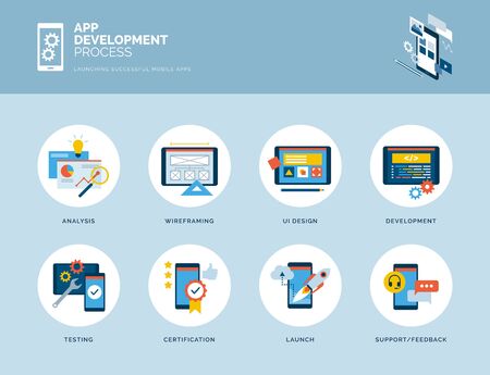 App design and development process infographic with iconsのイラスト素材