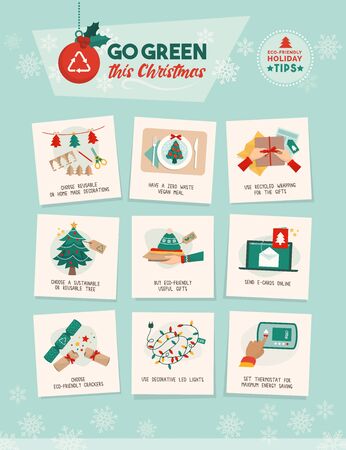 Go green this Christmas: how to have a sustainable eco-friendly holiday at home vector infographic with easy tipsのイラスト素材
