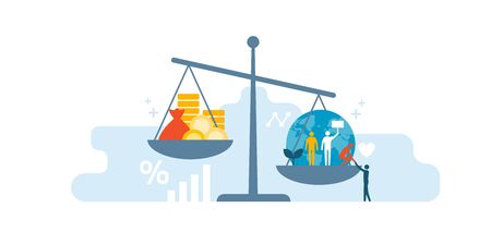 Scale with wealth and cash money on a plate and people, world, environment on the other; balancing business profits and human rightsのイラスト素材