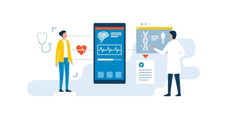 Doctor using innovative medical apps to examine a patient and to give a diagnosis, innovative healthcare conceptのイラスト素材