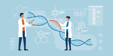 Scientists analyzing DNA helix and editing genome within organisms, CRISPR technologyのイラスト素材