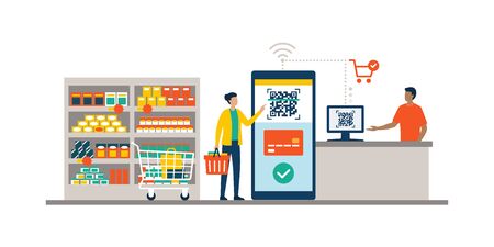 Woman doing grocery shopping and using her smartphone for mobile payment at the checkoutのイラスト素材