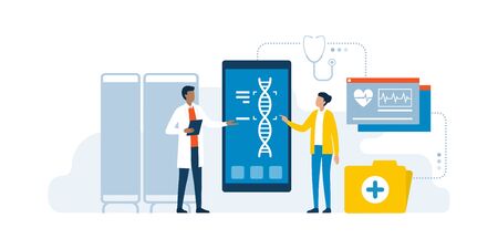 Doctor and patient using medical apps for diagnostics and making a DNA test to detect diseases, innovative healthcare conceptのイラスト素材