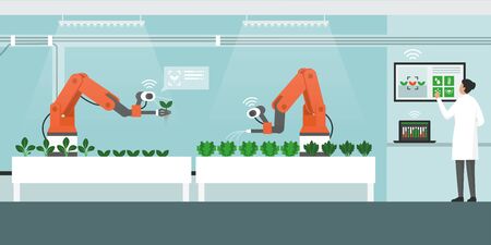 Indoors farming with automated robots and control panel, smart agriculture conceptのイラスト素材